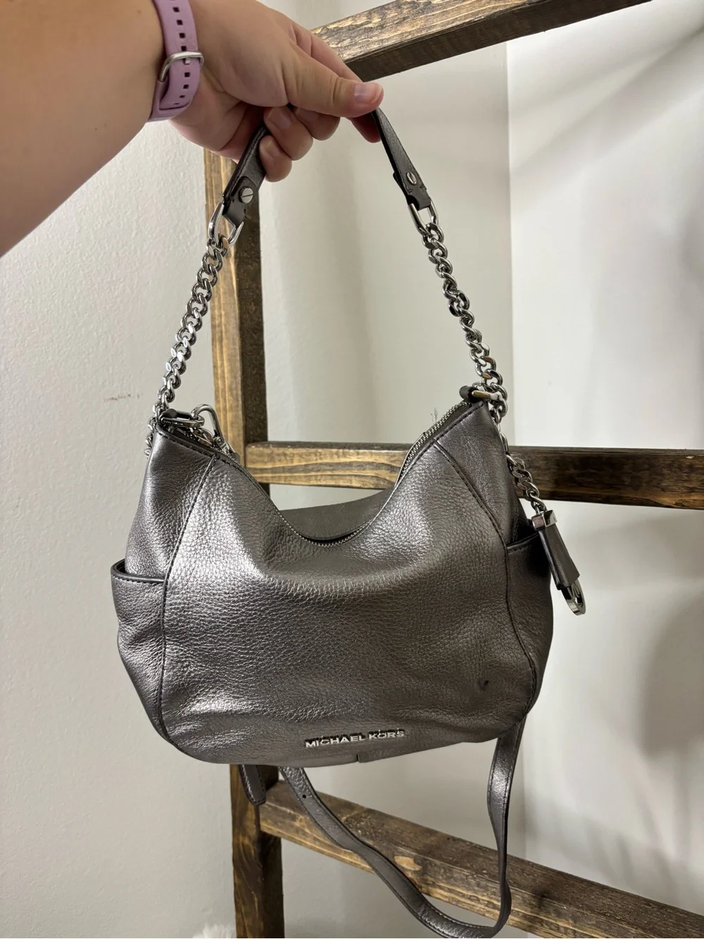 Michael Kors Metallic Pewter Pebbled Leather Hobo with Chain Strap